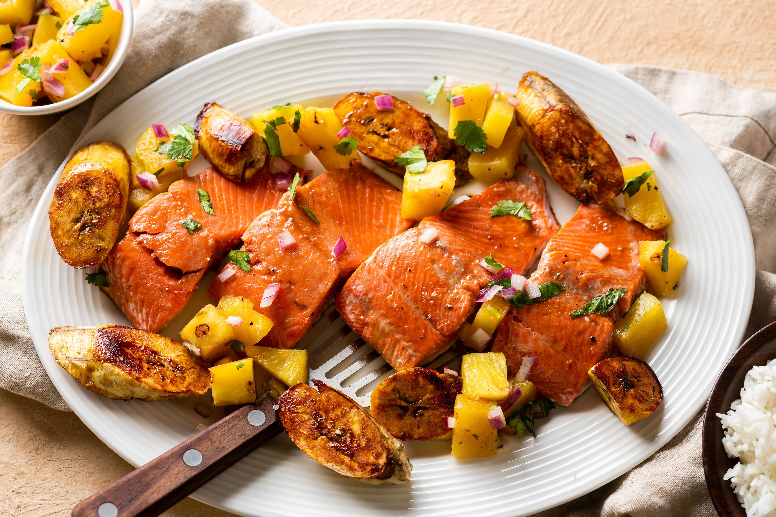 Oven-Roasted Salmon with Plantains and Pineapple