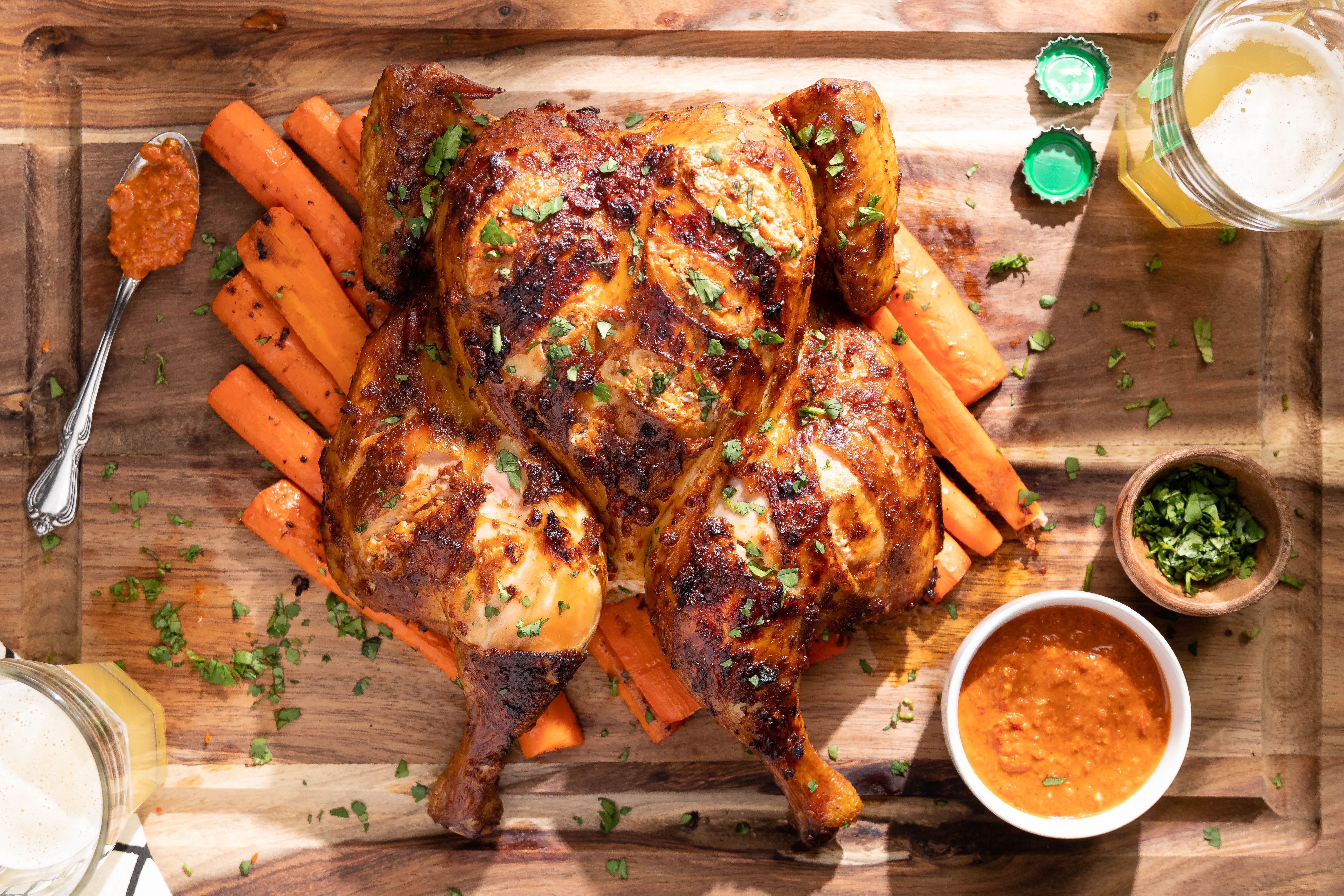 Smoked Spatchcocked Harissa Chicken with Carrots