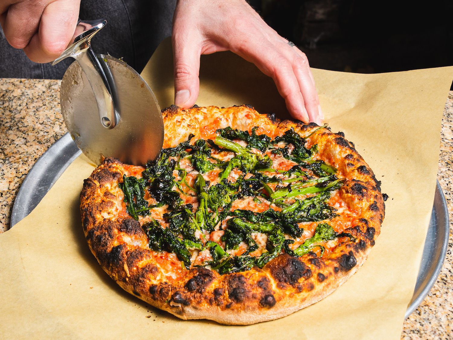 Outdoor Pizza Oven Charred Broccoli Rabe and Anchovy Pizza