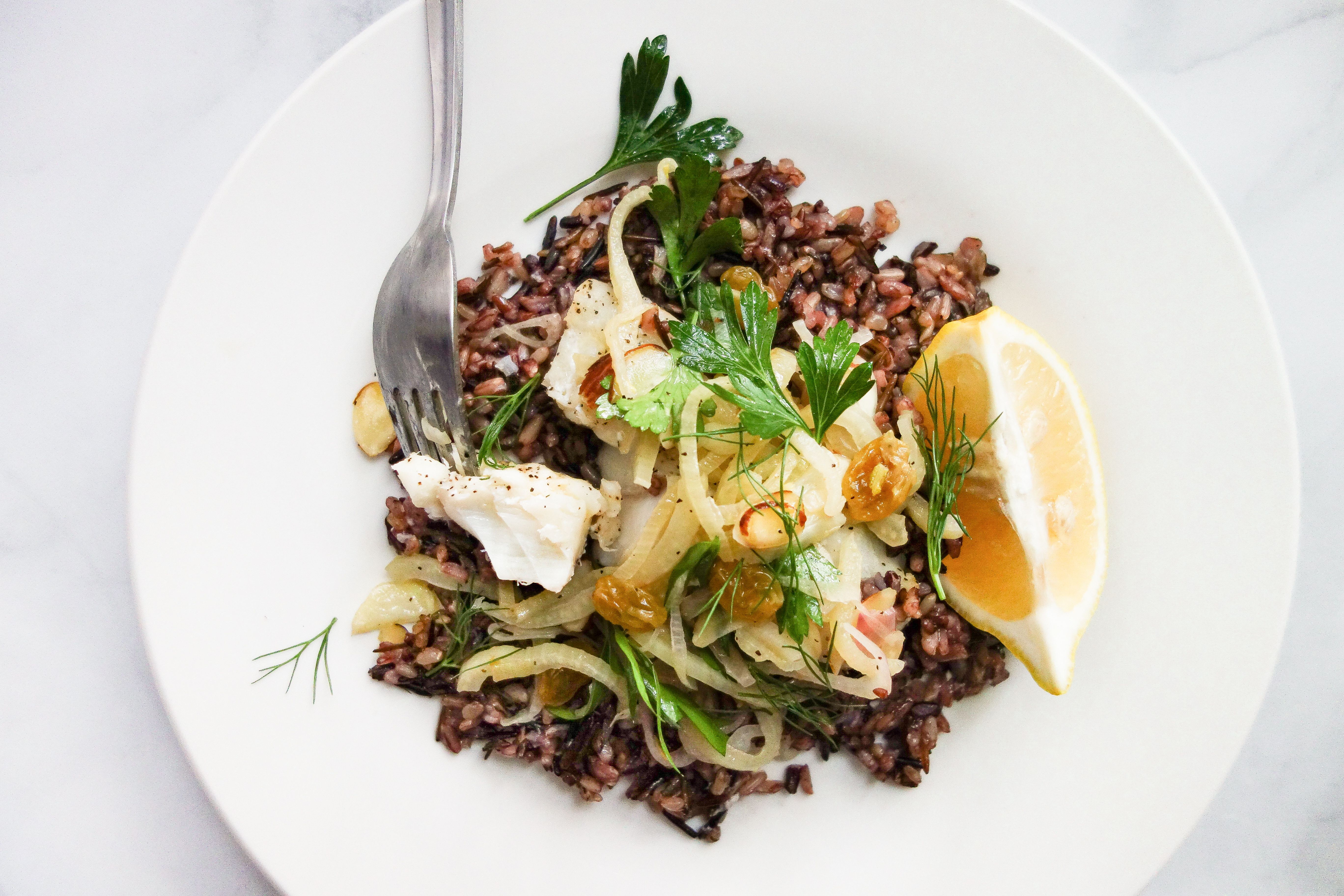 Lemony Baked Cod with Wild Rice