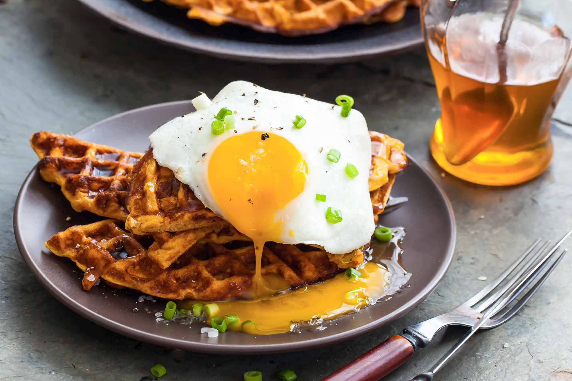 Sweet Potato Waffles With Fried Egg Bacon And Scallions Recipe