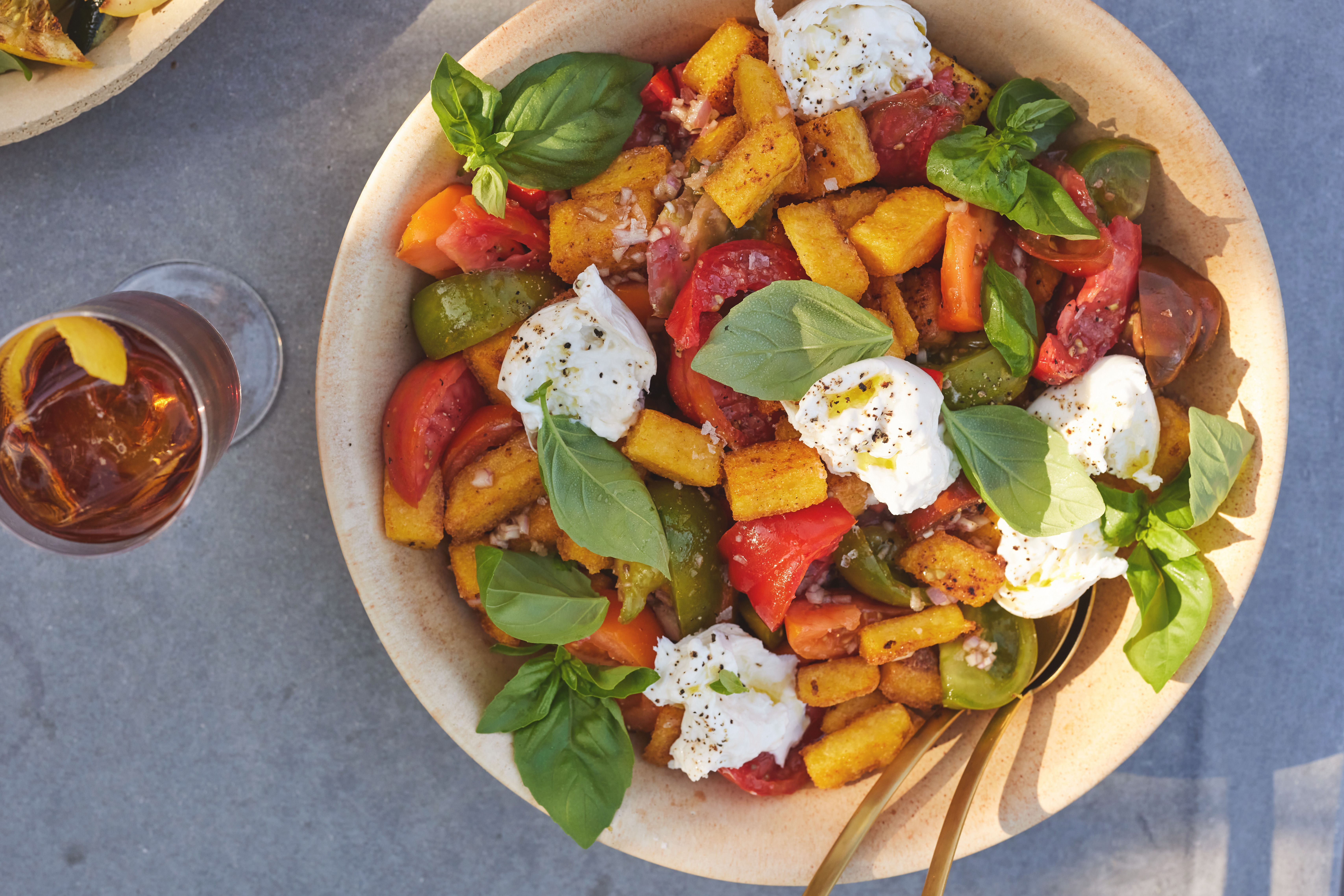 Fried Polenta Panzanella with Tomato Basil and Burrata