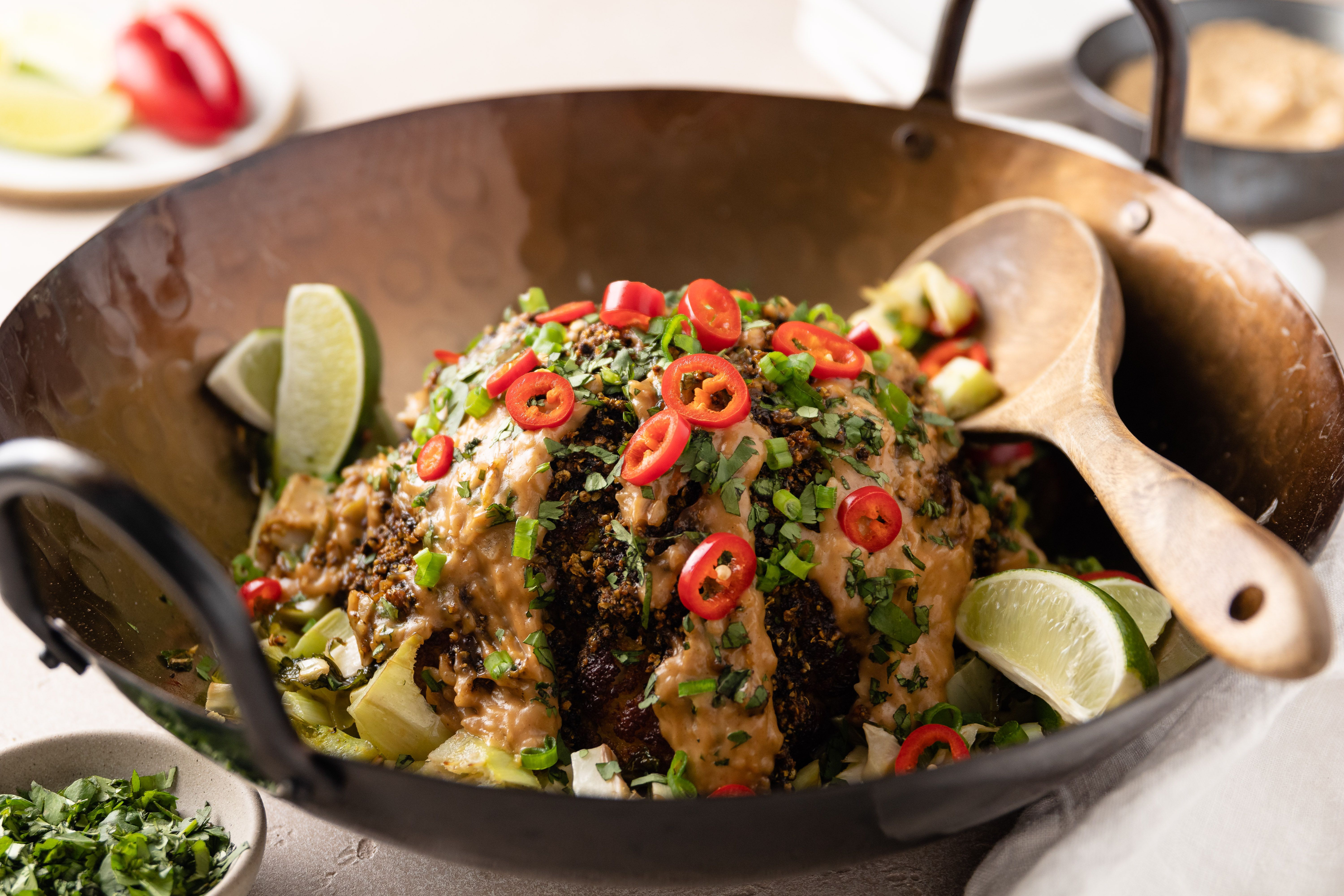 Smoked Whole Cauliflower with Spiced Soy Butter and Satay Sauce 